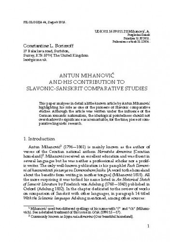 Antun Mihanović and his contribution to Slavonic-Sanskrit comparative studies / Constantine L. Borissoff
