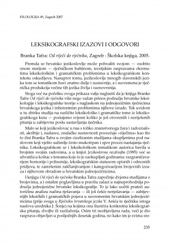 Leksikografski izazovi i odgovori : Branka Tafra: Od riječi do rječnika, Zagreb : Školska knjiga, 2005. : [prikaz] / Maja Bratanić