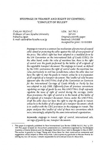 Stoppage in transit and right of control: ''Conflict of rules''? / Časlav Pejović