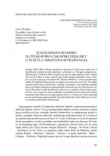 Jugozapadni istarski ili štakavsko-čakavski dijalekt u svjetlu Hrastina istraživanja / Lina Pliško