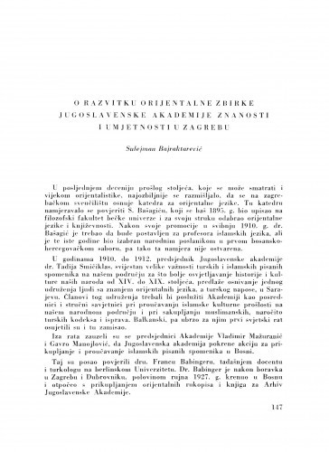 O razvitku Orijentalne zbirke Jugoslavenske akademije znanosti i umjetnosti u Zagrebu / S. Bajraktarević