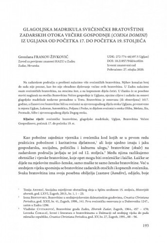 Glagoljska madrikula svećeničke bratovštine zadarskih otoka Večere Gospodnje (coena domini) iz Ugljana od početka 17. do početka 19. stoljeća / Grozdana Franov-Živković