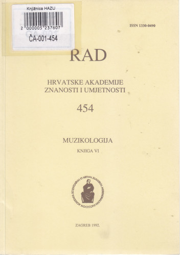 Knj. 6(1992)=knj. 454 : Muzikologija / urednik Koraljka Kos