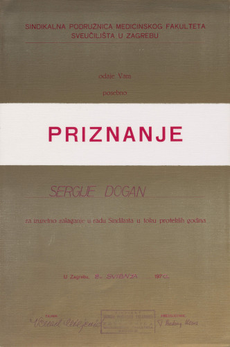 Povelja priznanja Sindikalne podružnice Medicinskog fakulteta Sveučilišta u Zagrebu Sergiju Doganu 