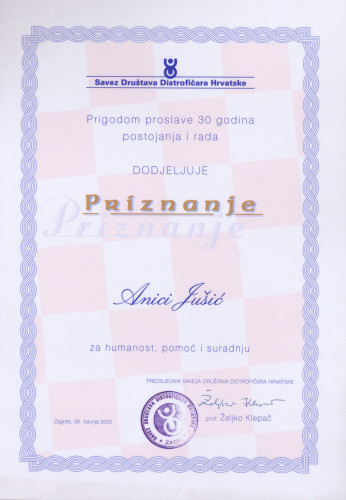 Povelja priznanja Saveza društava distrofičara Hrvatske Anici Jušić 