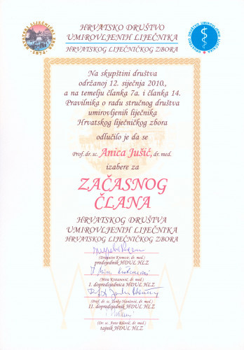 Povelja začasnog člana Hrvatskog društva umirovljenih liječnika HLZ  Anici Jušić 