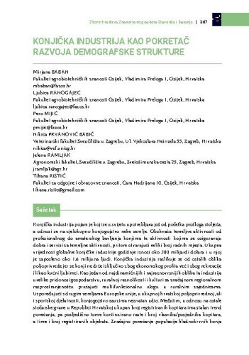 Konjička industrija kao pokretač razvoja demografske strukture / Mirjana Baban, Ljubica Ranogajec, Pero Mijić, Nikica Prvanović Babić, Jelena Ramljak, Tihana Ristić