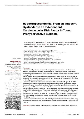 Hypertriglyceridemia: from an innocent bystander to an independent cardiovascular risk factor in young  prehypertensive subjects / Josipa Josipović, Ana Jelaković, Bernardica Valent Morić, Vladimir Prelević, Gorana Mirošević, Nikola Bulj, Ivan Pećin, Hana Matijaca, Iva Ivanko, Ivo Darko Gabrić, Željko Reiner, Bojan Jelaković