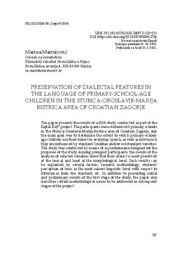 Preservation of dialectal features in the language of primary-school-age children in the Stubica-Oroslavje-Marija Bistrica area of Croatian Zagorje / Marina Marinković