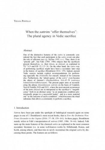 When the sattrins “offer themselves”: The plural agency in Vedic sacrifice / Tiziana Pontillo