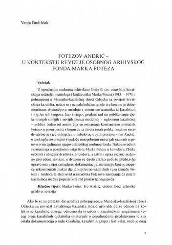 Fotezov Andrić – u kontekstu revizije osobnog arhivskog fonda Marka Foteza / Vanja Budišćak