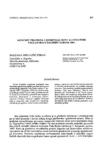 Koncert pijanista i izumitelja klavijature Pala Janka u Zagrebu godine 1887. / Snježana Miklaušić-Ćeran