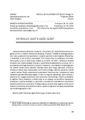 Vatroslav Jagić u Našoj slogi / Vanesa Vitković Marčeta