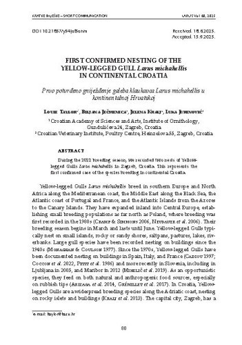 First confirmed nesting of the Yellow-legged Gull Larus michahellis in continental Croatia : [kratke bilješke] / Louie Taylor, Biljana Ječmenica, Jelena Kralj, Luka Jurinović