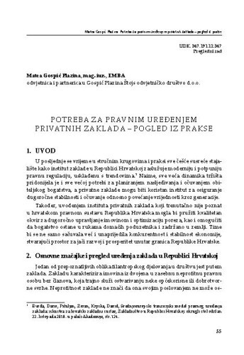 Potreba za pravnim uređenjem privatnih zaklada – pogled iz prakse / Matea Gospić Plazina