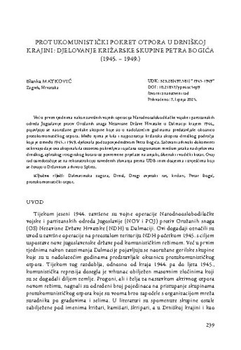 Protukomunistički pokret otpora u drniškoj krajini: djelovanje križarske skupine Petra Bogića (1945. – 1949.) 
 / Blanka Matković