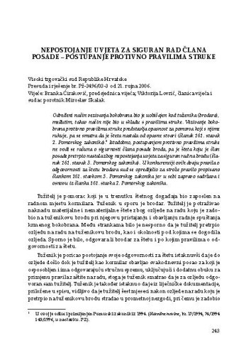 Nepostojanje uvjeta za siguran rad člana posade – postupanje protivno pravilima struke : Visoki trgovački sud Republike Hrvatske, presuda i rješenje br. Pž-3496/03-3 od 21. rujna 2006. : [prikaz] / Vesna Skorupan Wolff