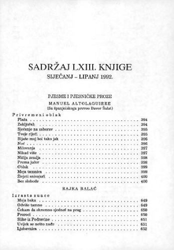 Sadržaj LXIII. knjige : siječanj - lipanj 1992