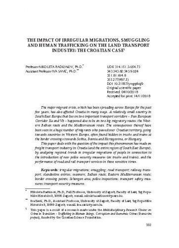 The Impact of Irregular Migrations, Smuggling and Human Trafficking on the Land Transport Industry: The Croatian Case / Nikoleta Radionov, Iva Savić
