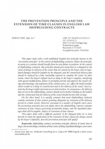 The Prevention Principle and the Extension of Time Clauses in English Law Shipbuilding Contracts / Zoran Tasić