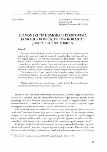 Slavonski tip humora u tekstovima Janka Jurkovića, Vilima Korajca i Josipa Eugena Tomića / Vesna Vlašić