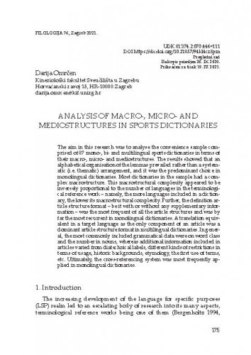 Analysis of macro-, micro- and mediostructures in sports dictionaries / Darija Omrčen