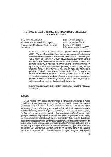 Prijevoz stvari u unutarnjoj plovidbi u Hrvatskoj - de lege ferenda / Ivo Grabovac