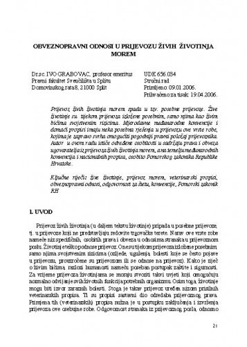 Obveznopravni odnosi u prijevozu živih životinja morem / Ivo Grabovac