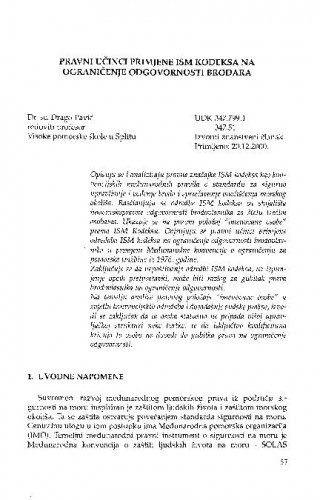 Pravni učinci primjene ISM kodeksa na ograničenje odgovornosti brodara / Drago Pavić
