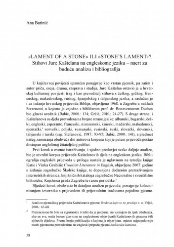 »Lament of a Stone« ili »Stone’s Lament«? Stihovi Jure Kaštelana na engleskome jeziku – nacrt za buduću analizu i bibliografija / Ana Batinić