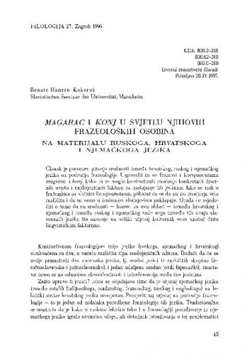 Magarac i konj u svjetlu njihovih frazeoloških osobina : na materijalu ruskog, hrvatskoga i njemačkoga jezika / Renate Hansen-Kokoruš