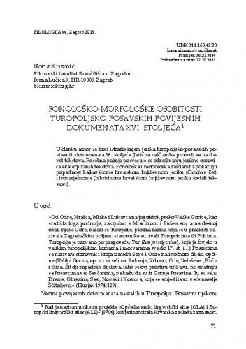 Fonološko-morfološke osobitosti turopoljsko-posavskih povijesnih dokumenata XVI. stoljeća / Boris Kuzmić