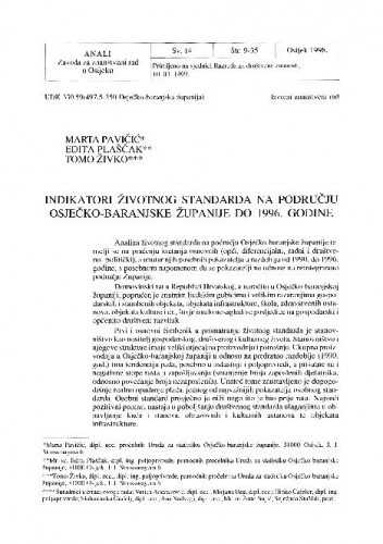 Indikatori životnog standarda na području Osječko-baranjske županije do 1996. godine / Marta Pavičić, Edita Plaščak, Tomo Živko