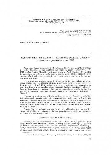 Gospodarske, prosvjetne i kulturne prilike u gradu Požegi u Čevapovićevo vrijeme / Filip Potrebica