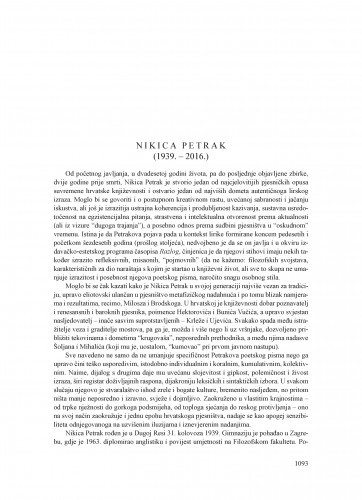 Nikica Petrak (1939.-2016.) : [nekrolog] / Tonko Maroević