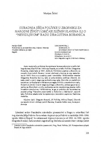 Suradnja Jiříja Polívke u Zborniku za narodni život i običaje Južnih Slavena ili o “nevidljivom” radu Dragutina Boranića / Marijan Šabić