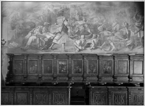 Crkva Bezgrešnog začeća Blažene Djevice Marije (Lepoglava) : južni zid svetišta, zidni oslik, Dvanaestogodišnji Isus u Hramu, 1742. (Ivan Krstitelj Ranger)
