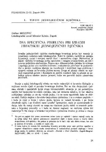 Dva specifična problema pri izradbi hrvatskih jednojezičnih rječnika / Dalibor Brozović