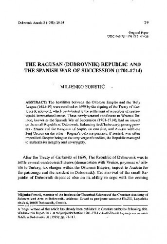 The Ragusan (Dubrovnik) Republic and the Spanish War of Succession / Miljenko Foretić