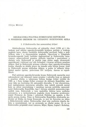 Imigracijska politika Dubrovačke Republike s posebnim obzirom  na ustanovu svjetovnog azila / Ilija Mitić