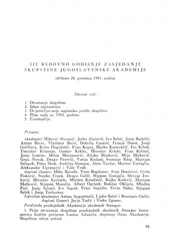 III. redovno godišnje zasjedanje skupštine Jugoslavenske akademije održano 28. prosinca 1951. godine