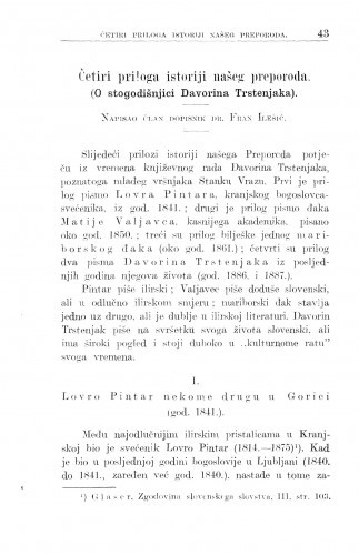 Četiri priloga Istoriji našeg preporoda : [O stogodišnjici Davorina Trstenjaka] / F. Ilešić