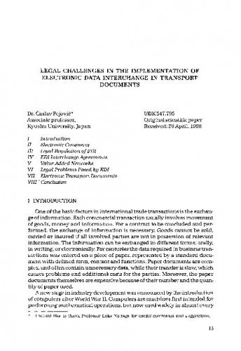 Legal challenges in the implementation of electronic data interchange in transport documents / Časlav Pejović