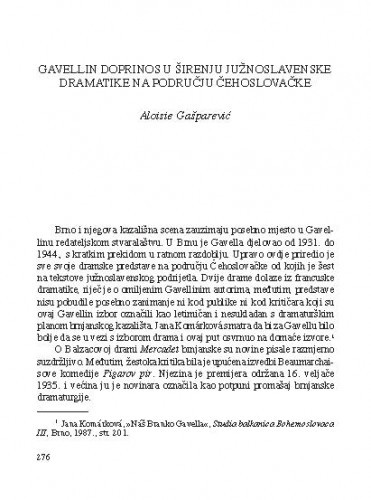 Gavellin doprinos u širenju južnoslavenske dramatike na području Čehoslovačke / Aloisie Gašparević
