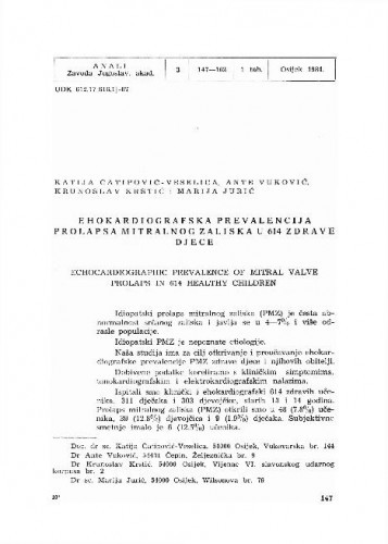 Ehokardiografska prevalencija prolapsa mitralnog zaliska u 614 zdrave djece / Katija Čatipović-Veselica, Ante Vuković, Krunoslav Krstić, Marija Jurić
