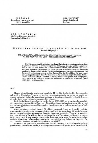 Hrvatski sabori u Varaždinu (1526-1848) : kronološki pregled / Vid Lončarić