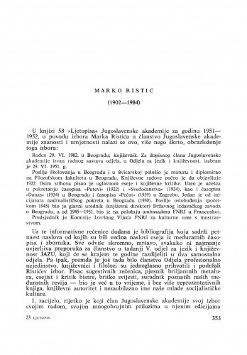 Marko Ristić (1902-1984) : [nekrolozi] / M. Matković