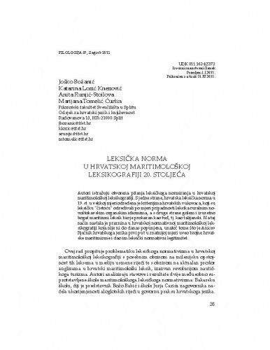 Leksička norma u hrvatskoj maritimološkoj leksikografiji 20. stoljeća / Joško Božanić, Katarina Lozić Knezović, Anita Runjić-Stoilova, Marijana Tomelić Ćurlin