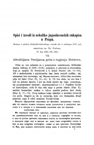 Afroditijana Persijanca priča o rogjenju Hristovu : Opisi i izvodi iz nekoliko jugoslavenskih rukopisa u Pragu / Jiři Polívka