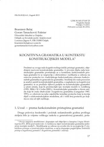 Kognitivna gramatika u kontekstu Konstrukcijskih modela / Branimir Belaj, Goran Tanacković Faletar